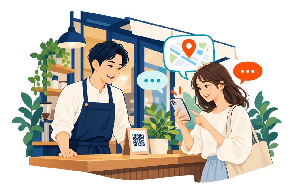 店頭のQRコードからアンケートに回答するお客様と、お店のスタッフのイメージ