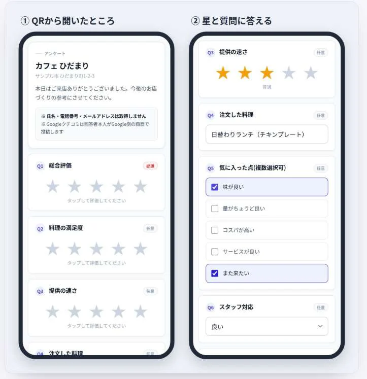 星評価と選択肢で回答できる口コミAIOのアンケート画面例
