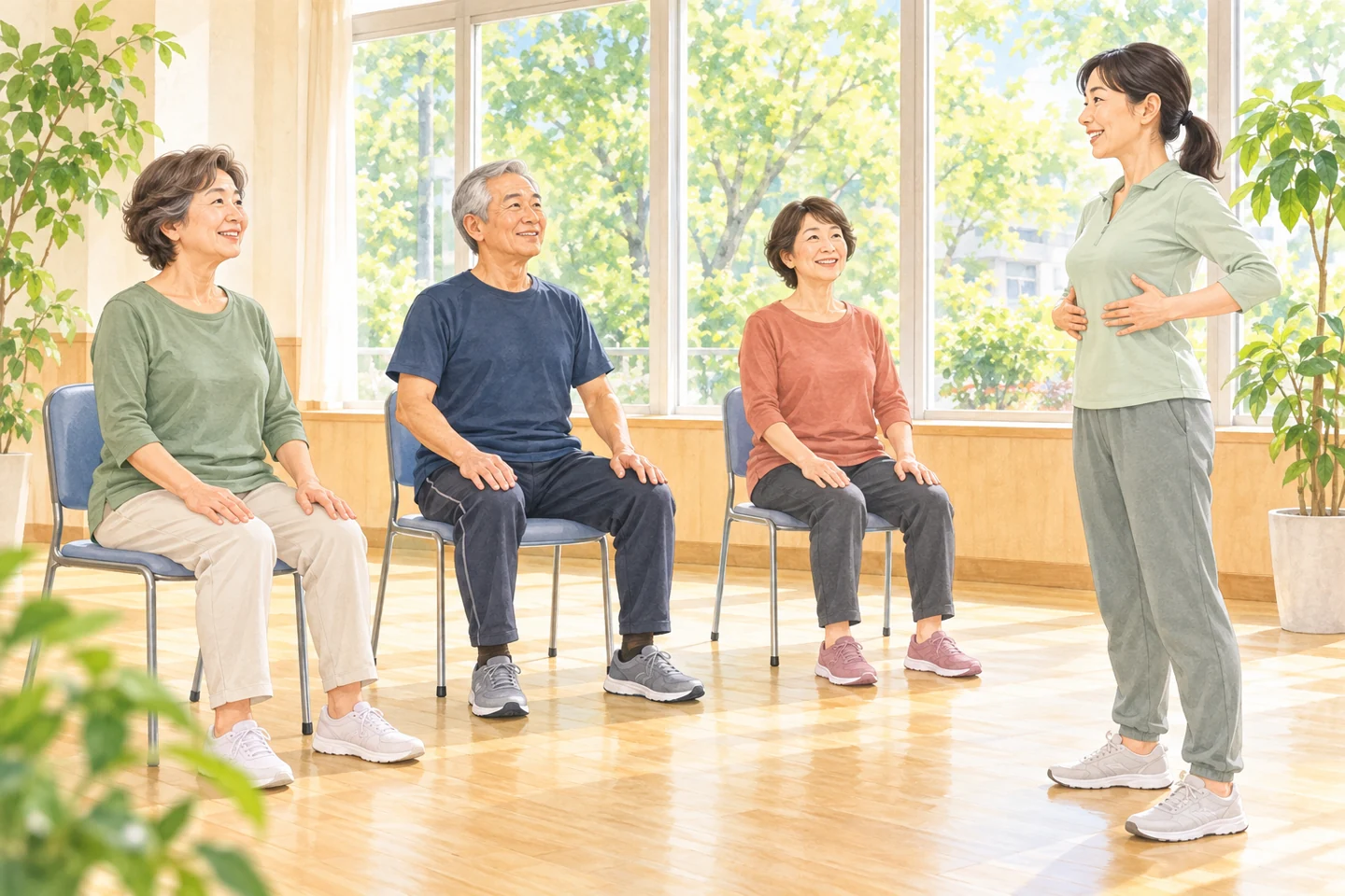 明るい会場で、椅子に座り講師と穏やかに体を動かす人たちのイラスト